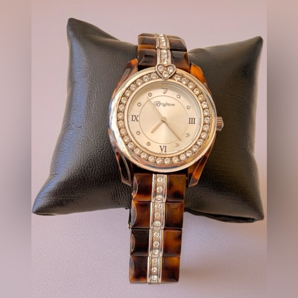 Brighton tortoise shell and shiny rhinestones silver watch new battery . NWOT - Picture 2 of 7
